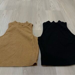 Women's Sleeveless Ribbed Mock Neck Tops - Black and Tan XS-S